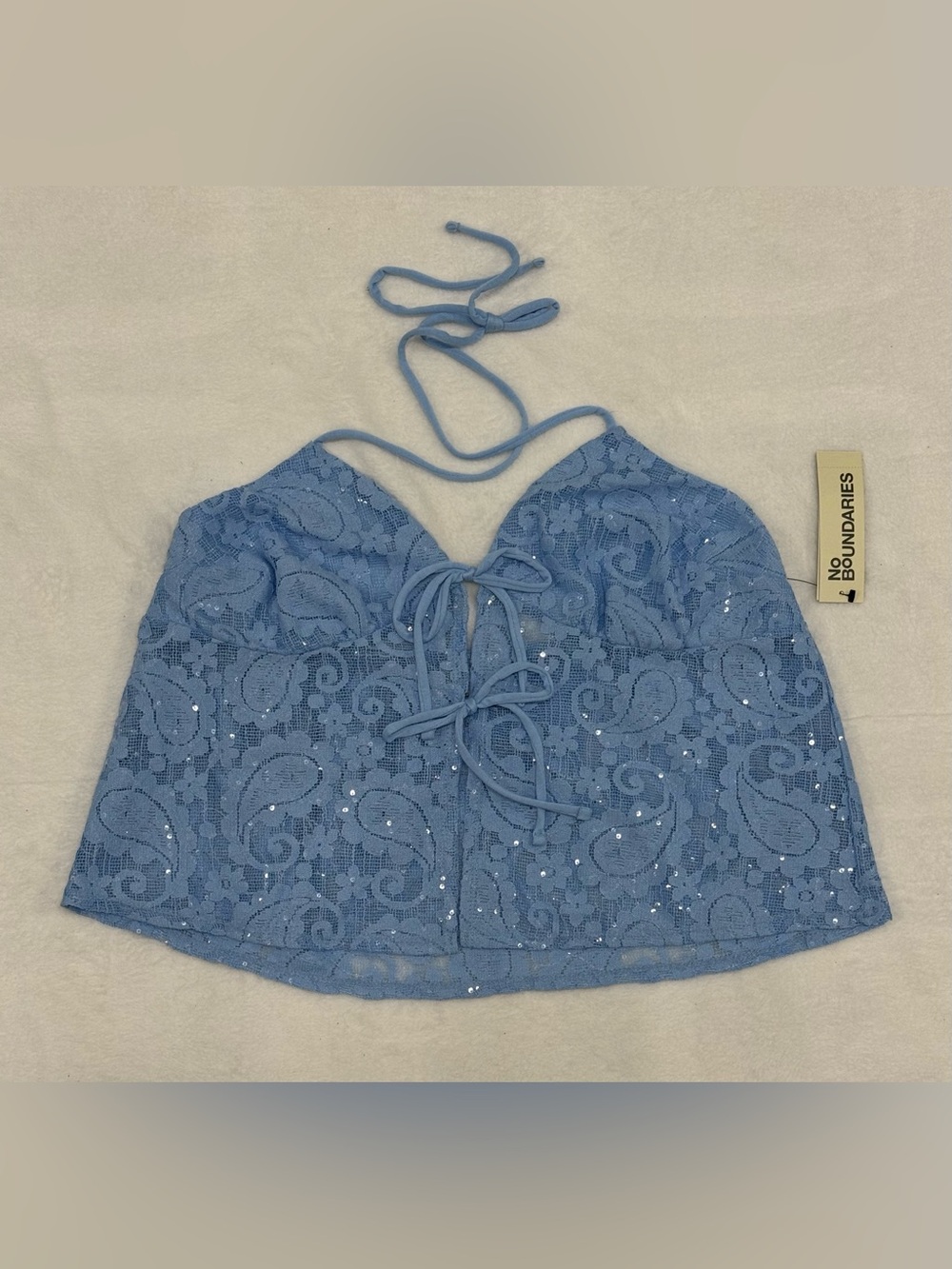Women’s No Boundaries Swimsuit Cover Up Lace Sequin Halter Top Blue Large NWT